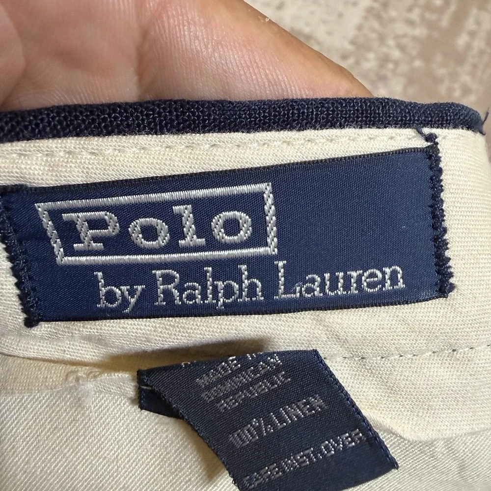 VTG Polo Ralph Lauren Pants Men's 36x30 Blue Pleated 100% Linen Dress Cuffed